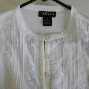 NWOT Adolfo sheer white pintuck and lace blouse size M